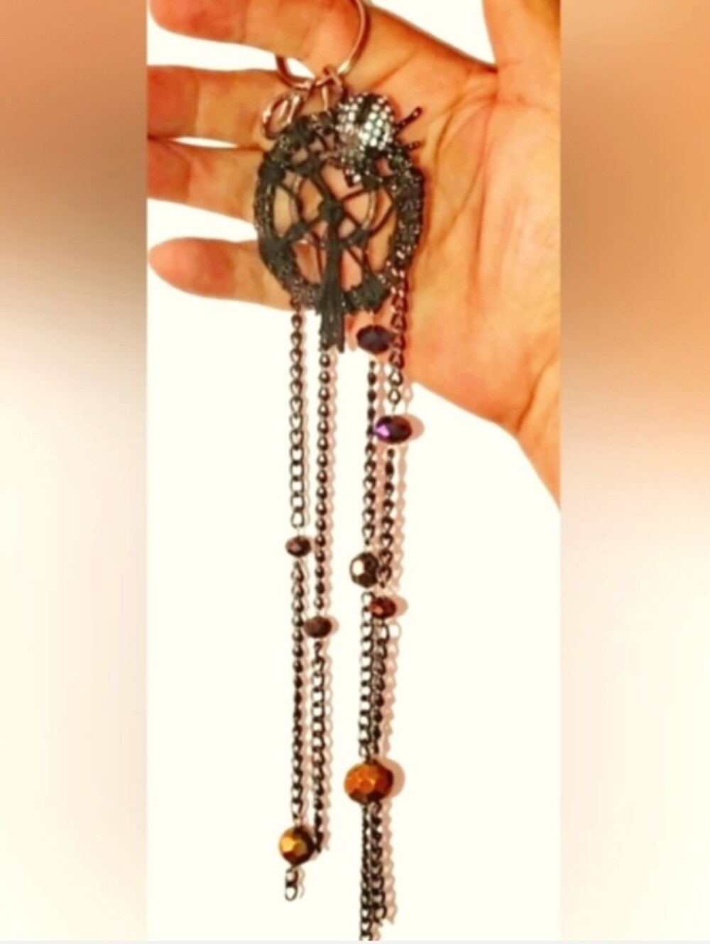 Handmade Long 8" Beaded Black Spider Web & Chains Keychain Bag Charm